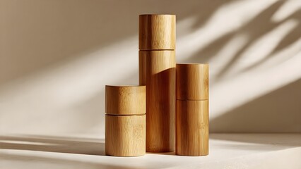 Natural Bamboo Cylinders with Serene Leaf Shadows on a Minimalist Beige Background
