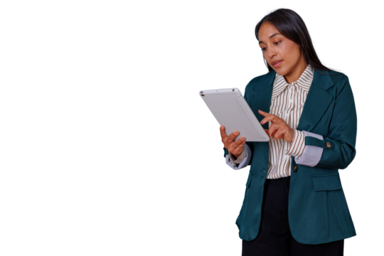 Businesswoman using digital tablet, managing corporate tasks, browsing internet, working with modern technology, transparent background