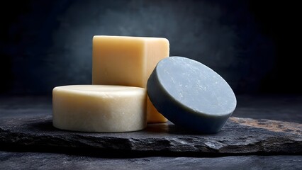 A Trio of Natural, Handmade Soap Bars on Dark Slate, Highlighting Organic Skincare and Spa Wellness