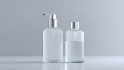 Modern Frosted Glass Bottles Duo with Silver Pump and Cap, Displaying a Clear Liquid in a Clean, Minimalist Studio Setting