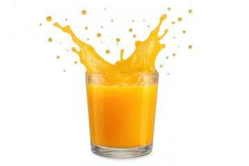 Orange juice splashing from a glass. Refreshing liquid bursting with vitality on an isolated background