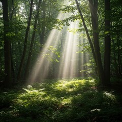 Sunlight streams through dense forest canopy, illuminating the tranquil undergrowth and creating a peaceful natural sanctuary ,untouched ,wild ,environment