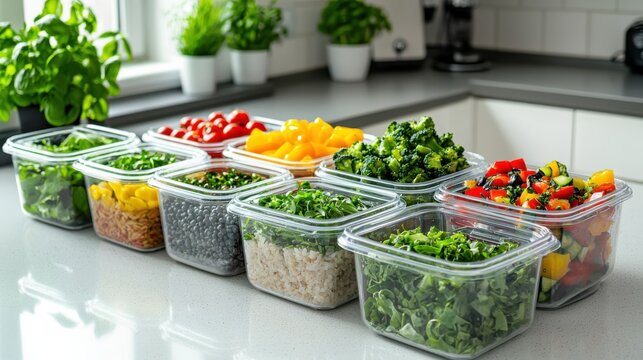 Vegan meal prep ideas organized containers on a bright kitchen counter top-down view showcasing fresh ingredients