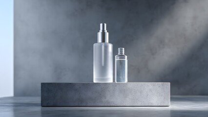 Modern Beauty Product Showcase: Frosted Spray and Clear Bottle on Grey Concrete Stand with Textured Industrial Background