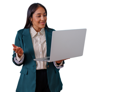 Confident businesswoman smiling and gesturing during a virtual meeting, communicating online with a laptop, transparent background