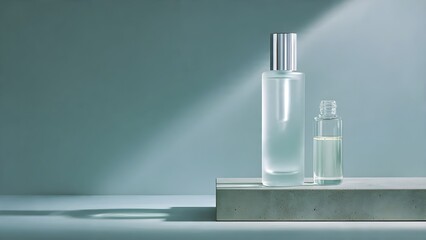 Minimalist Beauty: Frosted and Clear Glass Bottles on a Concrete Podium with Soft Lighting, perfect for showcasing skincare, perfume, or essential oils.