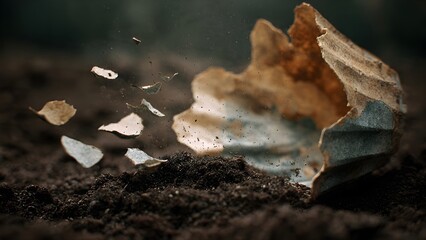 Fragile Decay: Crumbling Pot Fragments in Rich, Dark Soil