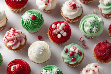 Festive holiday cupcakes decorated with red, white, and green frosting and candy toppings arranged on a table