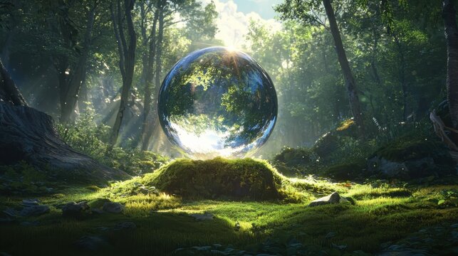 A glimmering crystal ball on lush moss enchanted forest nature photography serene environment magical viewpoint