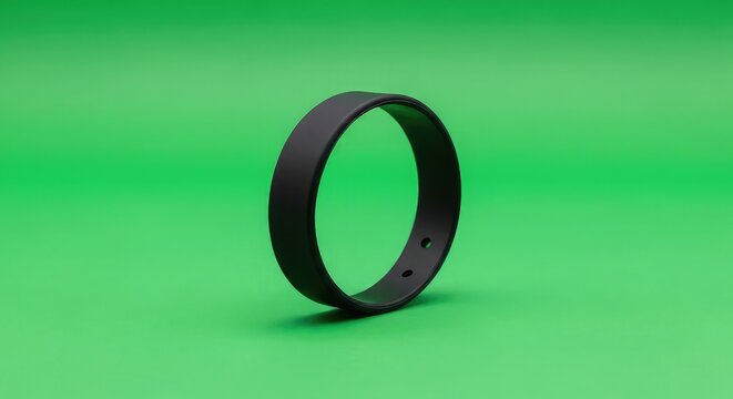 Sleek black fitness tracker ring on vibrant green background, modern design concept