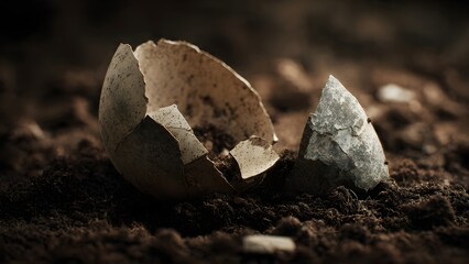Silent Testament: Fragile Remnants of a Broken Eggshell Rest on Rich, Dark Earth, Symbolizing the Cycle of Life and New Beginnings.