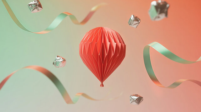 Abstract festive composition featuring a red geometric paper lantern, floating silver ornaments, and iridescent ribbons on a vibrant gradient background.