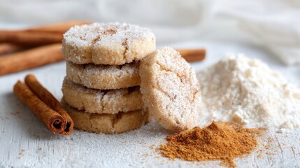Fototapeta premium Soft cookies coated in sugar are stacked next to cinnamon sticks and piles of flour and spice on a textured surface, creating a cozy baking scene.