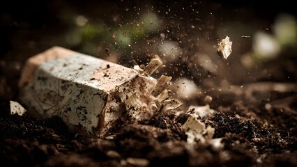 Fragile Decay: A Cardboard Block Breaking Apart in Soil, Symbolizing Environmental Waste and Decomposition