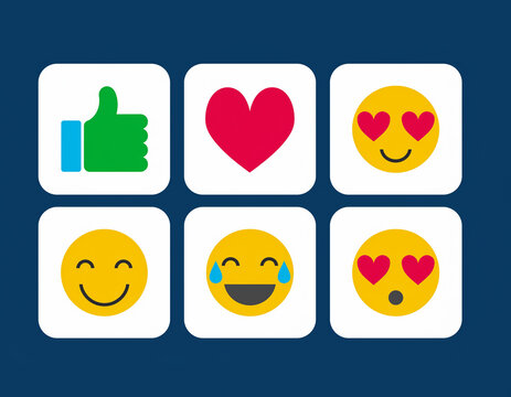 Collection of six different emoji icons displayed on a blue background in a square arrangement