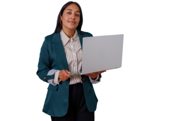 Businesswoman holding laptop, smiling confidently and looking at camera, representing professional success and technology