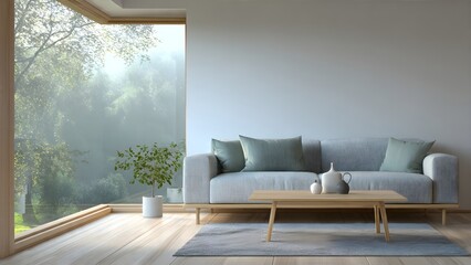 Modern Scandinavian Living Room with Serene Forest View and Minimalist Decor