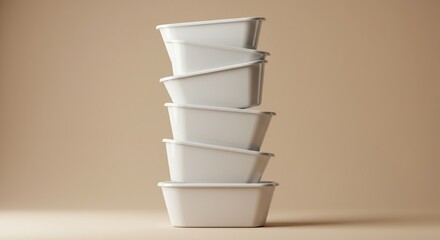 Surreal vertical stack of clean white ceramic bathtubs against a neutral background, highlighting modern design absurdity ,abstract ,stacked ,pile