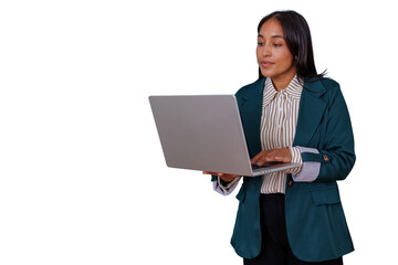 Businesswoman standing, typing keyboard on laptop computer, working remote, transparent background