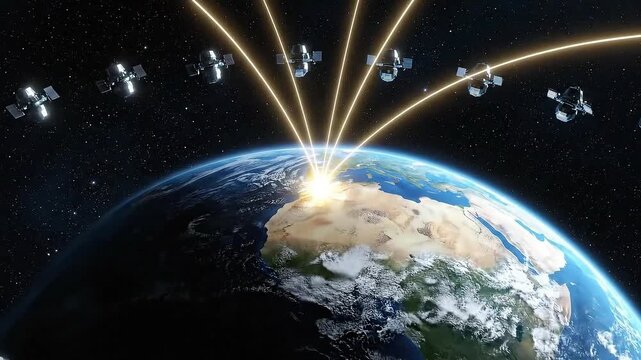 Earth surrounded by ufos and satellites in outer space with stars and a blue atmosphere view