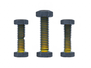Three metal bolts with hexagonal heads and yellow threads arranged vertically on transparency background, industrial hardware concept, isolated, close up, mechanical, strong, durable
