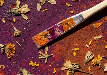 Sustainable art materials featuring rich, vibrant paint derived entirely from dried flowers and organic botanical pigments ,sustainability ,stem ,organic
