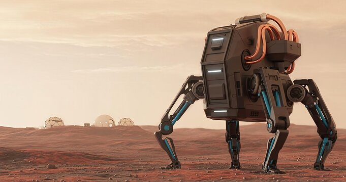 Heavy duty six-legged futuristic spider robot rover standing on the red Mars landscape near a futuristic space exploration colony. - Powered by Adobe