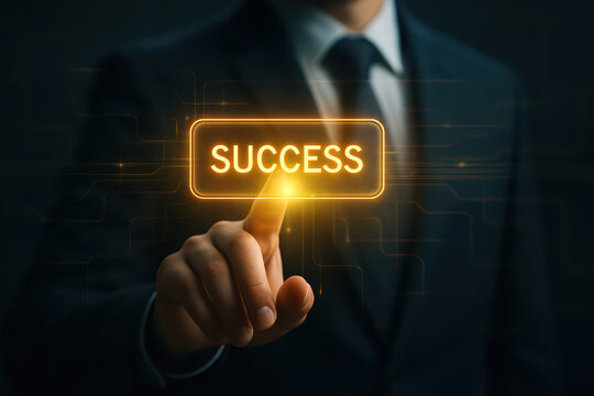 Person in suit touches glowing button labeled SUCCESS, symbolizing achievement and ambition. image conveys sense of determination and aspiration