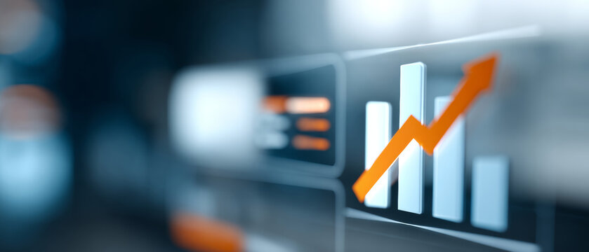 Close-up of digital financial graph with rising orange arrow and bar chart on transparent screen in modern business environment