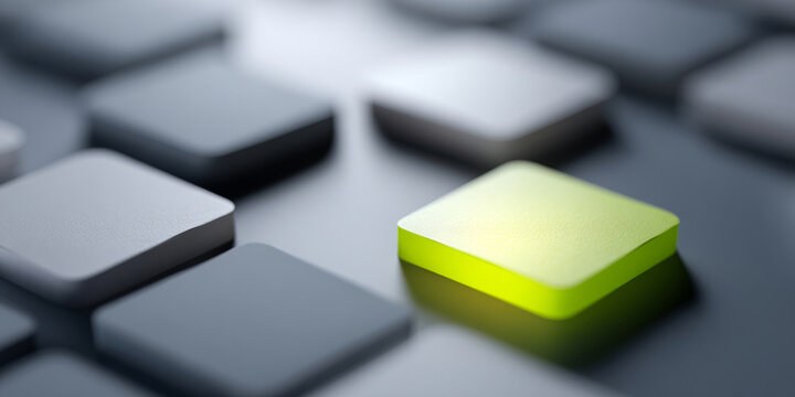 Close-up of a glowing yellow square button among gray square buttons in a grid pattern with shallow depth of field