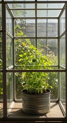 Sustainable gardening concept featuring a vibrant plant growing robustly inside a repurposed metallic container within a sunny glass house ,nature ,domestic ,growing