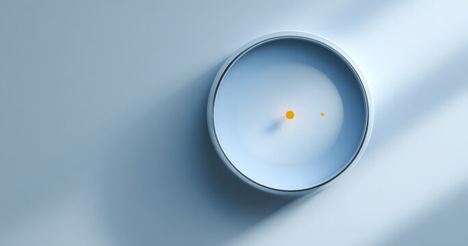 Minimalist modern wall clock with blue face and orange hands casting soft shadows on light blue background