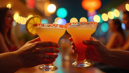 Two hands hold margarita cocktails with salted rims for a toast. Friends enjoy a festive night gathering, celebrating with colorful drinks and bokeh lights in background. Fun, social, happy mood.