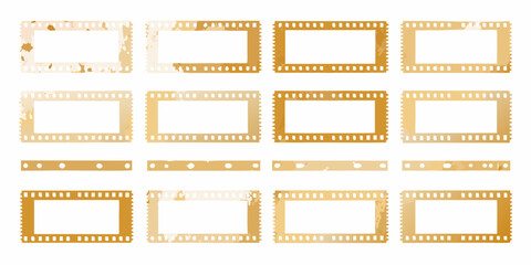 Fototapeta premium Collection of vintage film strip frames with distressed texture and perforated edges