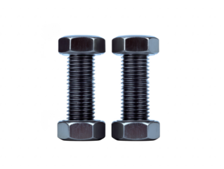 Two metal bolts with hexagonal heads and threaded shafts, arranged vertically on transparency background, industrial hardware concept, metallic texture, isolated object