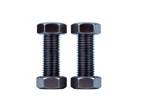 Two metal bolts with hexagonal heads and threaded shafts, arranged vertically on transparency background, industrial hardware concept, metallic texture, isolated object