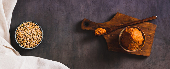Soybean paste for snack in a bowl on the table top view web banner