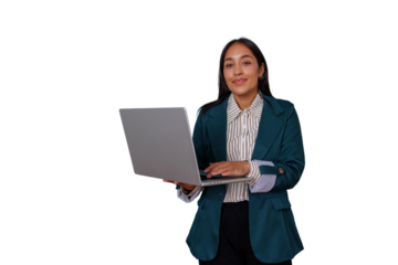 Indian businesswoman using laptop, working on a project, smiling and looking at camera, transparent background