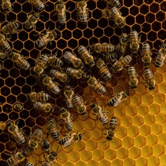 Swarm of industrious bees working together on the wax comb structure, depicting collaboration, teamwork, productivity, and organization ,cell ,cooperation ,teamwork