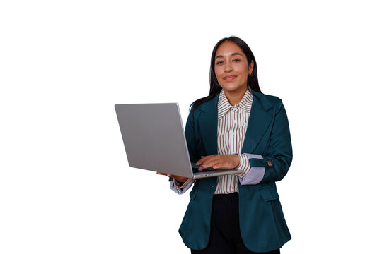 Indian businesswoman using laptop, working on a project, smiling and looking at camera, transparent background