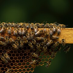 Swarm of industrious bees working together on the wax comb structure, depicting collaboration, teamwork, productivity, and organization ,collaboration ,organic ,industry