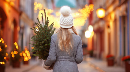 Woman from behind carrying a small Christmas tree on a festive city street