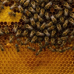 Swarm of industrious bees working together on the wax comb structure, depicting collaboration, teamwork, productivity, and organization ,golden ,bees ,busy