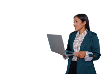 Businesswoman standing with a laptop, looking to the side, representing corporate communication and modern technology in business