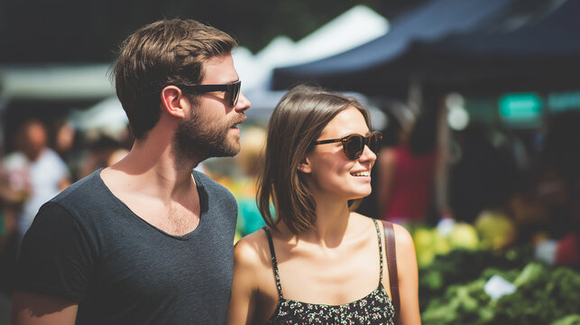 A young couple browsing together at a sunny outdoor market
