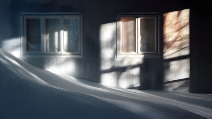 Winter's Embrace: Sunlight and Shadows on a Snow-Covered Wall with Windows