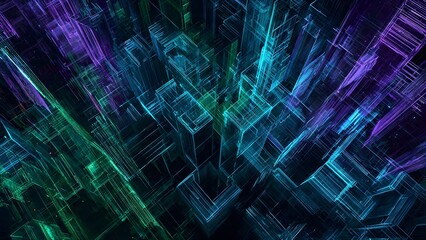 Futuristic Abstract City Grid: A Vibrant Digital Metropolis of Glowing Blue, Green, and Purple Lines Representing Data and Technology