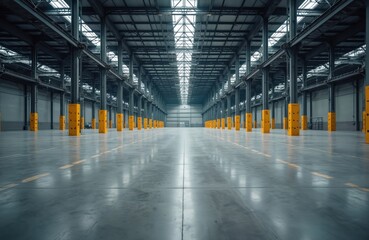 Obraz premium Empty industrial storage warehouse interior shows vast concrete floor. Metal structure supports roof with natural light through skylights. Yellow column protectors stand in rows, huge space. Large