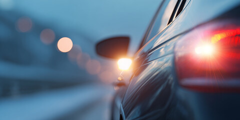 Close-up of a car's rear side with illuminated brake light and side mirror on a blurred road during dusk or early evening