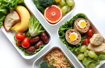 Multiple lunch boxes filled with fresh food like fruits vegetables grains and wraps. Healthy meals prepared for school or work lunches. Colorful assortment of organic produce balanced diet.